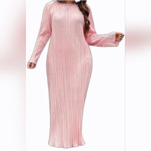 Chic Long Sleeve Pink Pleated Maxi Dress